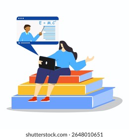A woman sitting on big icon stack of books with using laptop to following online course. Onlie education concept.