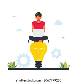 woman is sitting on big light bulb. Creative idea,brainstorming,teamwork,startup,business solution,thinking process concept.Businessman seating on idea lightbulb, searching sponsor to finance startups