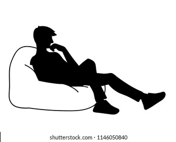 Woman sitting on big pillow. Stencil. Vector illustration of black silhouette isolated on white background. Thoughtful girl sitting, one leg bent, other straight. Concept. Monochromous minimalism.