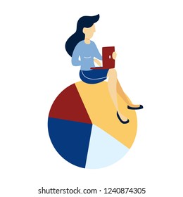Woman sitting on a big round diagram and work. Business worker with laptop. Pie chart as metaphor of data analysis. Flat vector illustration