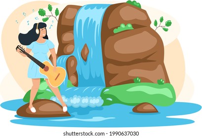 Woman sitting on big stone playing guitar next to rock and waterfall, singing songs resting on nature landscape. Tropical river and beautiful waterfall in mountains with plants, lake and bush foliage