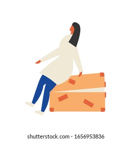 Woman sitting on a big suitcase with things try to close it. Travel preparation. Flat vector illustration
