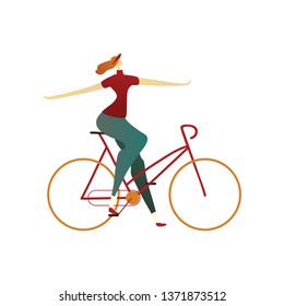 Woman sitting on the bike and keep his hands to the sides. Vector illustration.