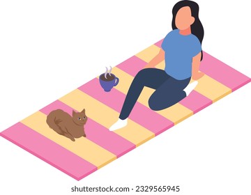 Woman sitting on blanket in garden and having picnic with puppy at sunny day Concept Vector Icon Design, Weekly holidays Activity Symbol, Week Rest Days Sign, Lazy weekends people Stock illustration