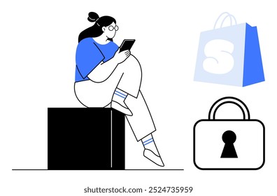 Woman sitting on a block uses smartphone. Nearby shopping bag with S and padlock icon. Ideal for e-commerce, cybersecurity, online shopping, digital transactions, tech-savvy. Cartoon style