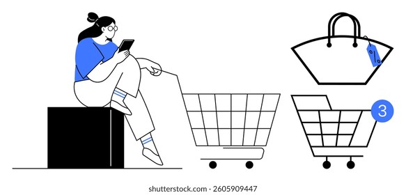 Woman sitting on a block using a smartphone, shopping cart, handbag with price tag and notification symbol, additional shopping cart icon. Ideal for e-commerce, online shopping, mobile app, digital