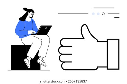 Woman sitting on block, using a laptop next to a large thumbs up icon. Ideal for technology, productivity, approval, social media, communication, education, and networking themes. Line metaphor