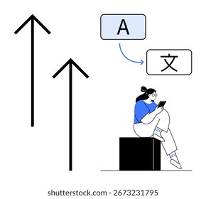 Mulher sentada em quarteirão usando smartphone, traduzindo entre caracteres ingleses e chineses. Ideal para tecnologia, educação, aprendizagem de idiomas, progresso, crescimento, globalização de tradução. Linha