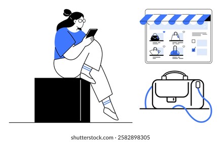 Woman sitting on a block while browsing an online store on her tablet. E-commerce screen shows product images, and a bag is displayed. Ideal for online shopping, digital marketing, e-commerce