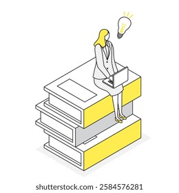 A woman sitting on a book and coming up with a work idea