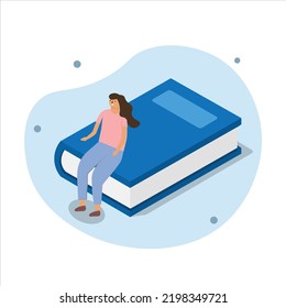 Woman sitting on a book. Book lover. Web flat style illustration. Vector editable
