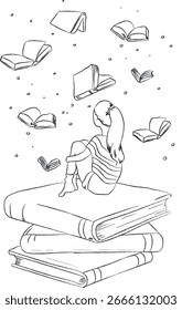 Mujer sentada en una pila de libros y viendo los libros volando a su alrededor.