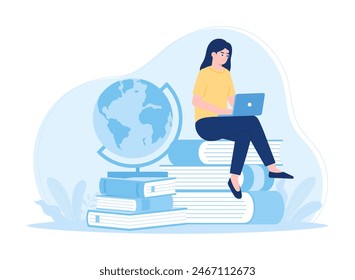 Woman sitting on a book studying with laptop and globe trending concept flat illustration