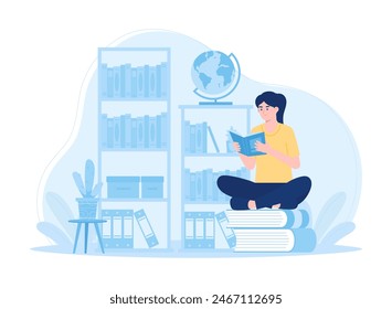 Woman sitting on a book studying in the library trending concept flat illustration