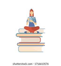 Woman sitting on books pile and reading a book. Student studing and preparing for exam. Flat vector illustration. Young girl is book lover and literature fan. E-learning or self education concept