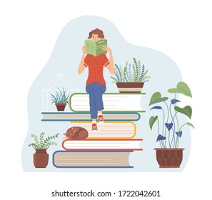 Una mujer sentada en los libros se acumula y lee un libro sobre jardinería. La chica joven es amante de los libros. Hogares, flores en macetas de ilustración vectorial plana. La vegetación y el diseño de las flores domésticas aisladas en blanco