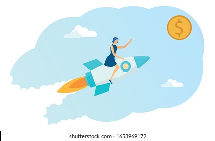 Woman Sitting on Business Start up Rocket and Trying to Get Coin Dollar Flat Cartoon Vector Illustration. Business Girl Flying in Sky. Career Boost, Working Success, Investments, Earning Money.