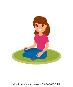 Woman sitting on a carpet. Isolated cartoon vector