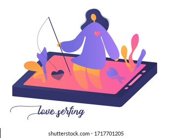 A woman sitting on the cellphone and fishing the love on the web. Surrealistic vector illustration in flat style with gradient for presentation, article, web page, app.
