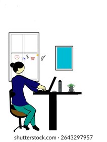 Mulher sentada em uma cadeira atrás de uma escrivaninha de frente para seu laptop trabalhando em seu negócio online de dentro de sua casa.