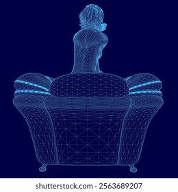 Woman is sitting on a chair with a blue background. The chair is a 3D model of a couch