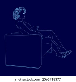 Woman is sitting on a chair. The chair is blue and has a box-like shape. her legs crossed. The image has a calm and relaxed mood