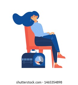 Woman sitting on chair with cat in pet carrier. Flat isolated on white background illustration in bright colors