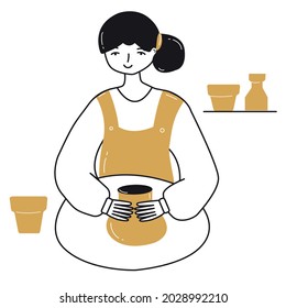 Woman is sitting on chair and crafting clay vase cartoon style
