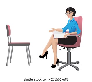 A Woman Is Sitting On A Chair, Documents Are Lying On Her Lap. A Girl Points To An Empty Chair Opposite Her. The Boss Invites The Subordinate. Interview. Vector Illustration, Realistic Style.