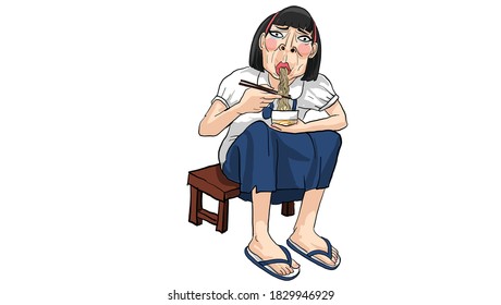 woman sitting on chair and eat noodles character drawing, vector