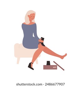 Woman sitting on chair in fashion store to try on new autumn boots on seasonal sales vector illustration