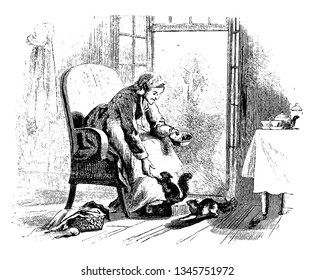 A woman sitting on chair and feeding squirrels, vintage line drawing or engraving illustration