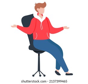 Woman sitting on chair, hands are spread out to sides, expresses emotions with gestures and talks. Female character communicating with someone sitting on office chair isolated on white background