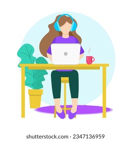 Woman Sitting On The Chair  With Headphones Laptop  Plant Cup Of Coffee In Office Or Coworking Working Freelancer Business Illustration For Web Sites Presentations Applications Vector Design