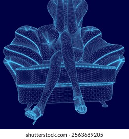 Woman is sitting on a chair with her legs crossed. The chair is blue and has a pattern on it.