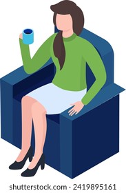 Woman sitting on chair holding a blue mug, casual style, modern outfit. Relaxing coffee break, stylish female, vector illustration.