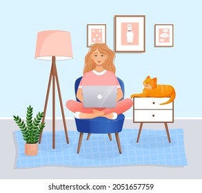 Woman is sitting on a chair at home at a laptop computer. Remote work, office at home, programming, freelance. Study at home in quarantine. Vector illustration. Cozy interior with a cat.