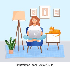 Woman is sitting on a chair at home at a laptop computer. Remote work, office at home, programming, freelance. Study at home in quarantine. Vector illustration. Cozy interior with a cat.