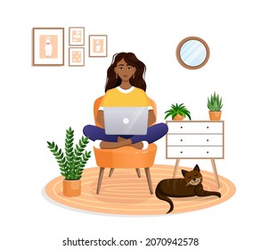 Woman is sitting on a chair at home at a laptop computer. Remote work, office at home, programming, freelance. Study at home in quarantine. Vector illustration. Cozy interior with a cat.