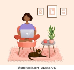 Woman is sitting on a chair at home at a laptop computer. Remote work, office at home, programming, freelance. Study at home in quarantine. Vector illustration. Cozy interior with a cat