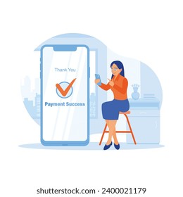 A woman is sitting on a chair inside the house. She uses a smartphone app to make online transactions for his orders. order Confirmation concept. Trend Modern vector flat illustration