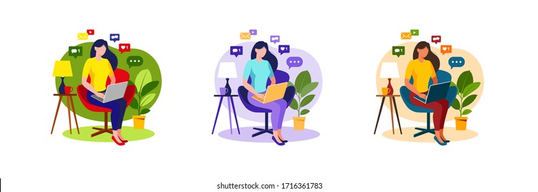 Woman sitting on chair with laptop. Working on a computer. Freelance, online education or social media concept. Freelance or studying concept. Flat style modern vector illustration isolated on white. 