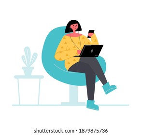 Woman is sitting on the chair with laptop and phone. Freelance, online education, social media concept. Quarantine, self-isolation. COVID-19 coronavirus outbreak spreading concept.