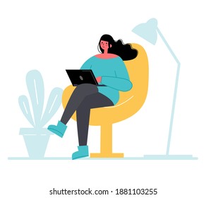Woman is sitting on the chair with laptop. Freelance, online education, social media concept. Quarantine, self-isolation. COVID-19 coronavirus outbreak spreading concept. Cartoon vector illustration.