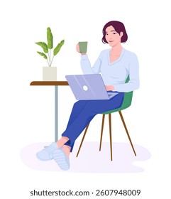 Woman sitting on chair with laptop on lap, holding coffee cup near table with plant, flat cartoon style on white background. Concept of remote work. Vector illustration