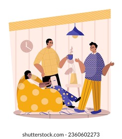 Woman sitting on chair, males standing near and talking. Increasing productivity and efficiency in business using teamwork ideas. Concept of coworking space for different workers. Vector illustration