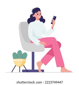 A woman is sitting on a chair with a phone in her hands. The concept of online ordering, shopping, and delivery. Flat vector illustration.
