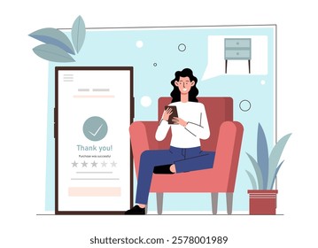 Woman sitting on a chair with a phone, online shopping success screen beside her, light blue background, plants around. Concept of e-commerce. Vector illustration