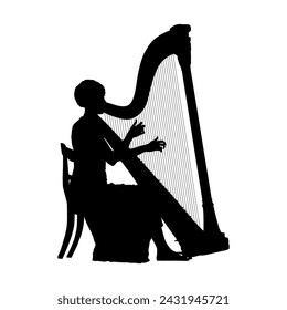 Woman sitting on chair and playing the harp silhouette.