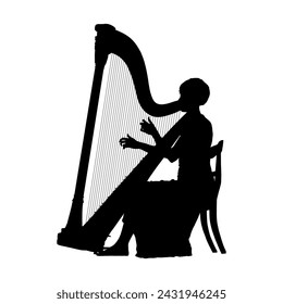 Woman sitting on chair and playing the harp silhouette. Beautiful female harpist portrait silhouette.	